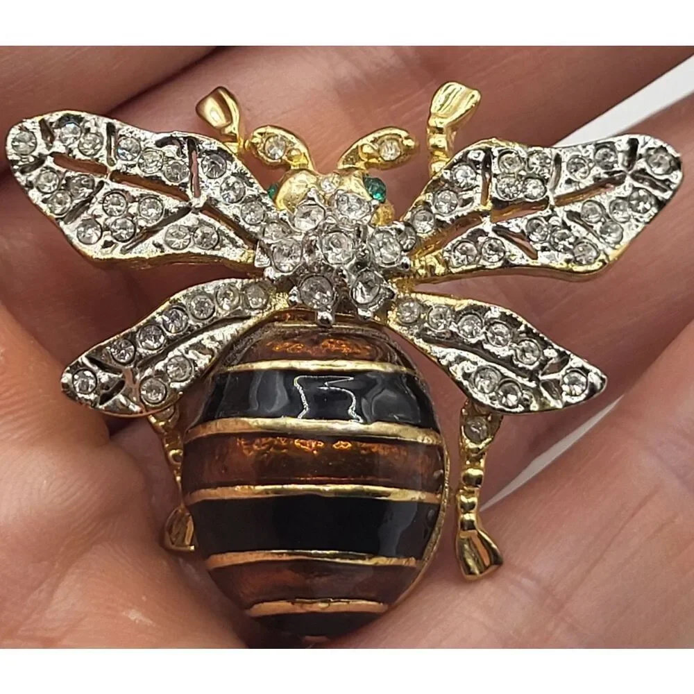 Gold-Plated Bee Brooch Brown Black Enamel Stripes Clear Crystal Rhinestones 1.5